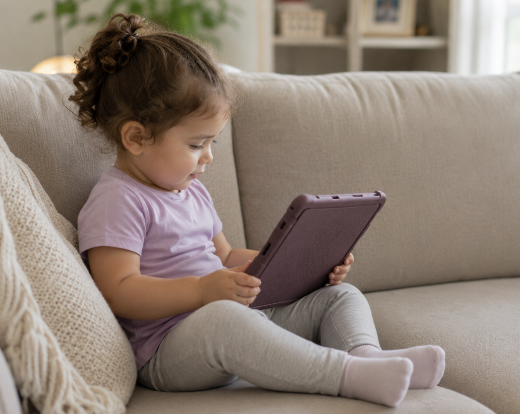 Toddler sitting on a couch watching a learning video on a tablet