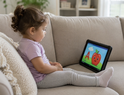 Young child watching a fast-paced cartoon on a tablet at home