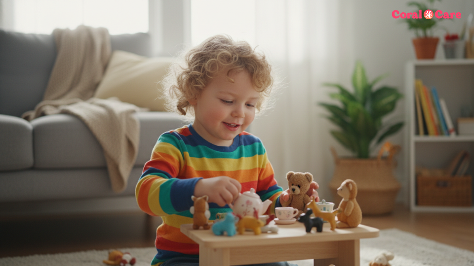 Three-year-old child playing with blocks, showing typical 36-month cognitive development