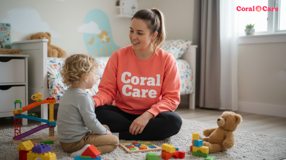 Speech therapist conducting a play-based evaluation with a young child at home