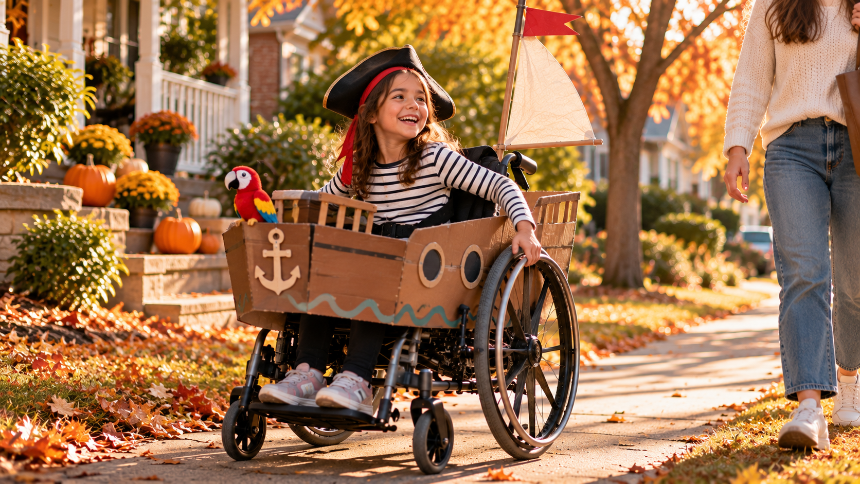 Child sitting in a wheelchair decorated as a homemade cardboard pirate ship