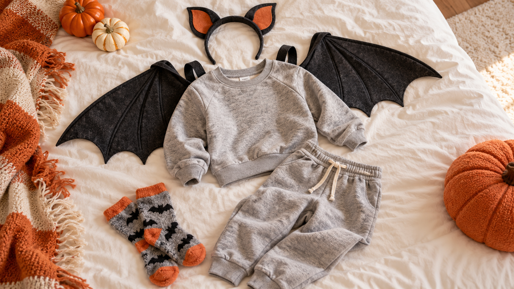 child's bat costume arranged on a blanket