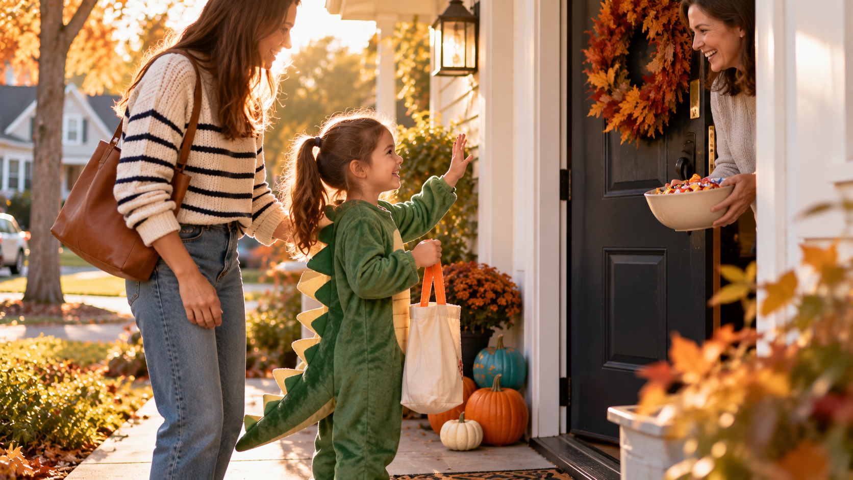 child in a dinosaur costume trick or treating