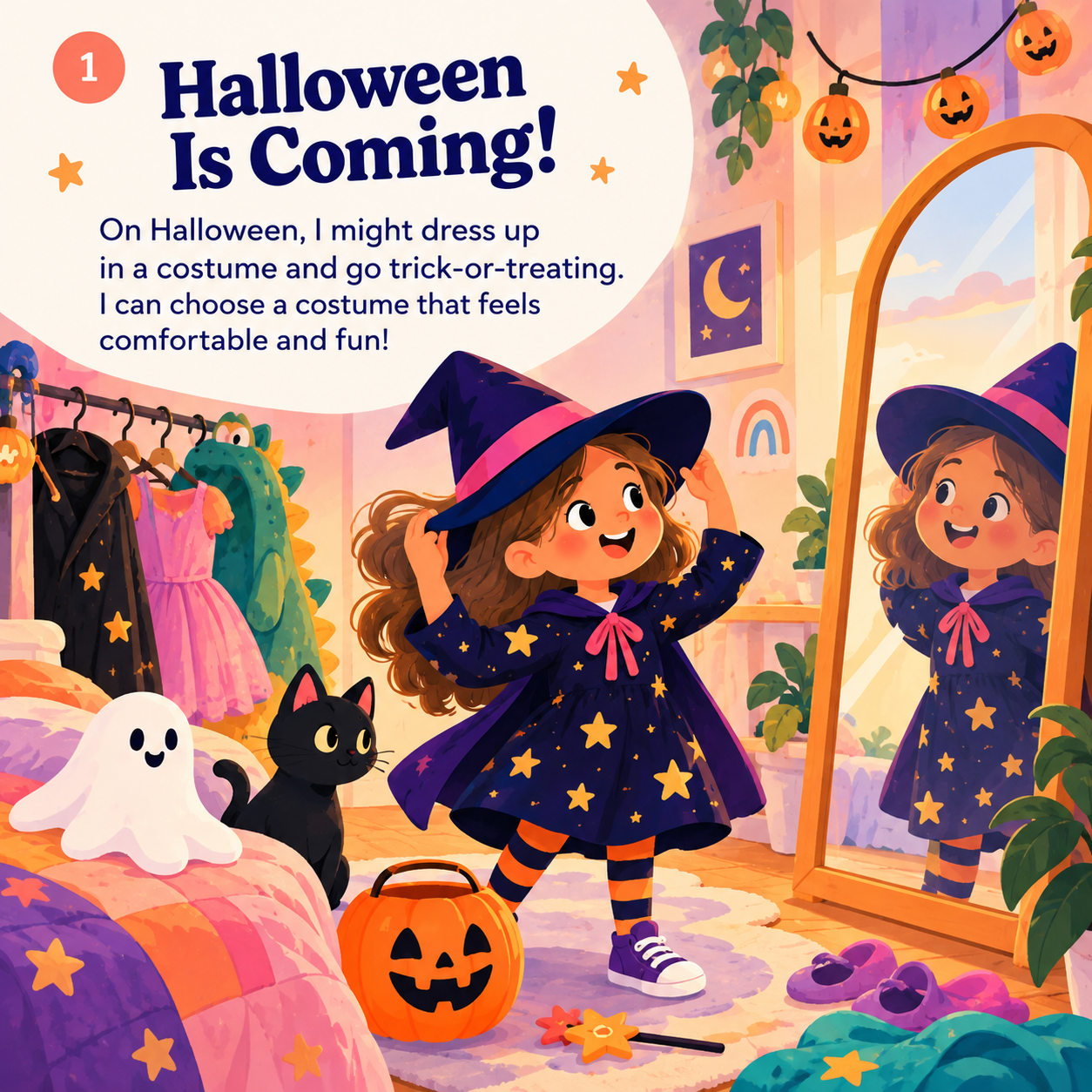 Cover page of My Halloween Story: a smiling girl in a starry witch costume looks in a mirror, with a black cat, a friendly ghost, and a pumpkin candy bucket nearby.