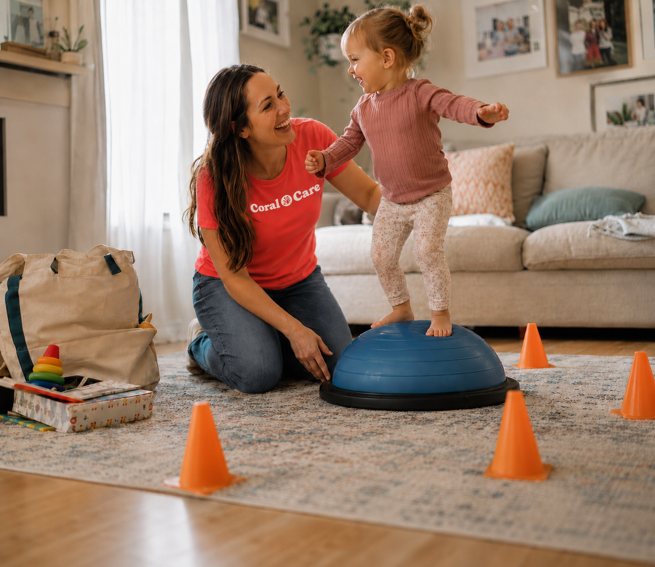 Child playing during a Coral Care session in the living room