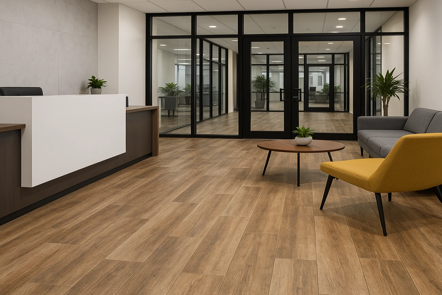 Office lobby featuring durable luxury vinyl tile flooring
