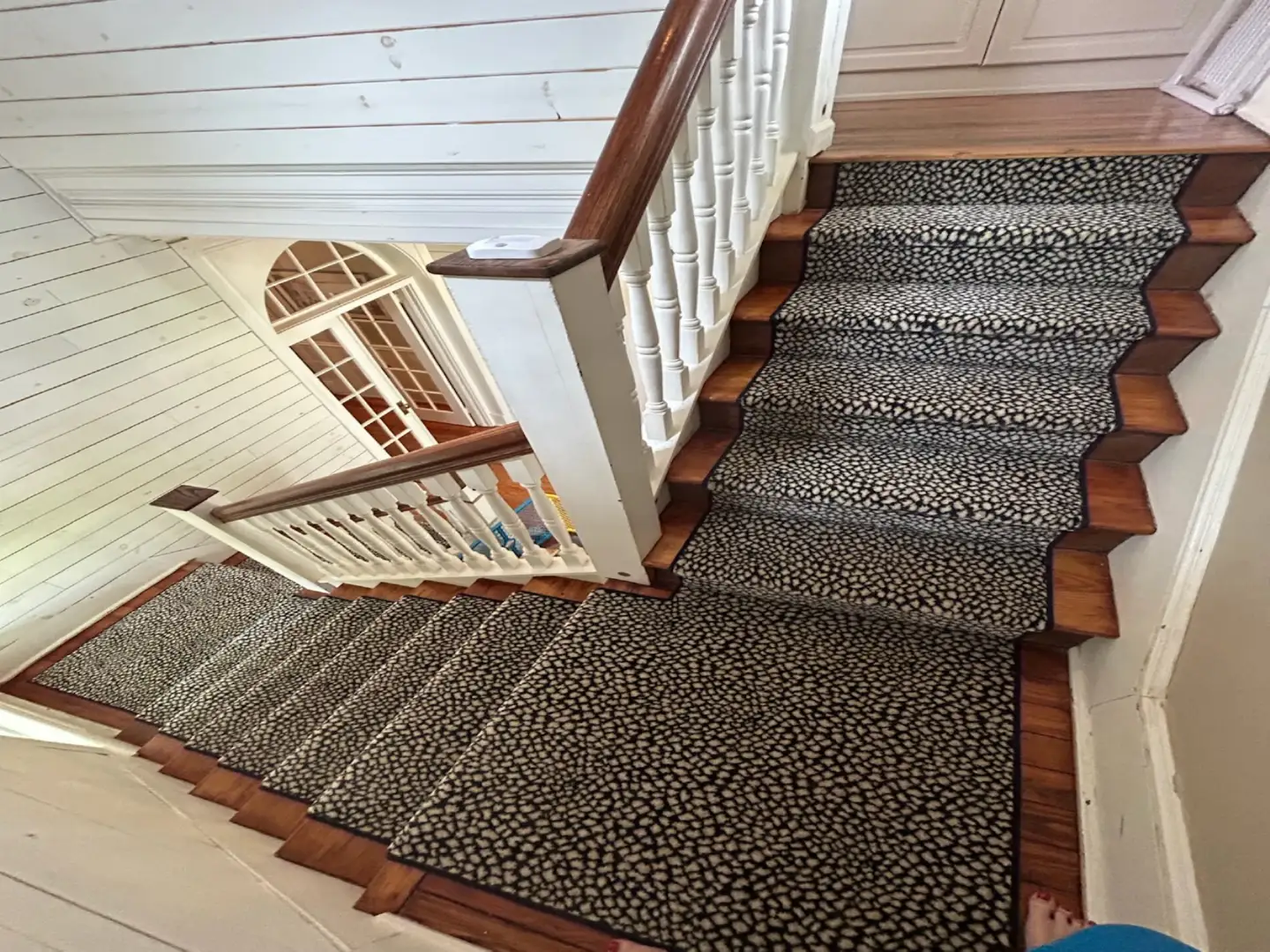 jaguar patterned stair runner in a rustic farmhouse style home