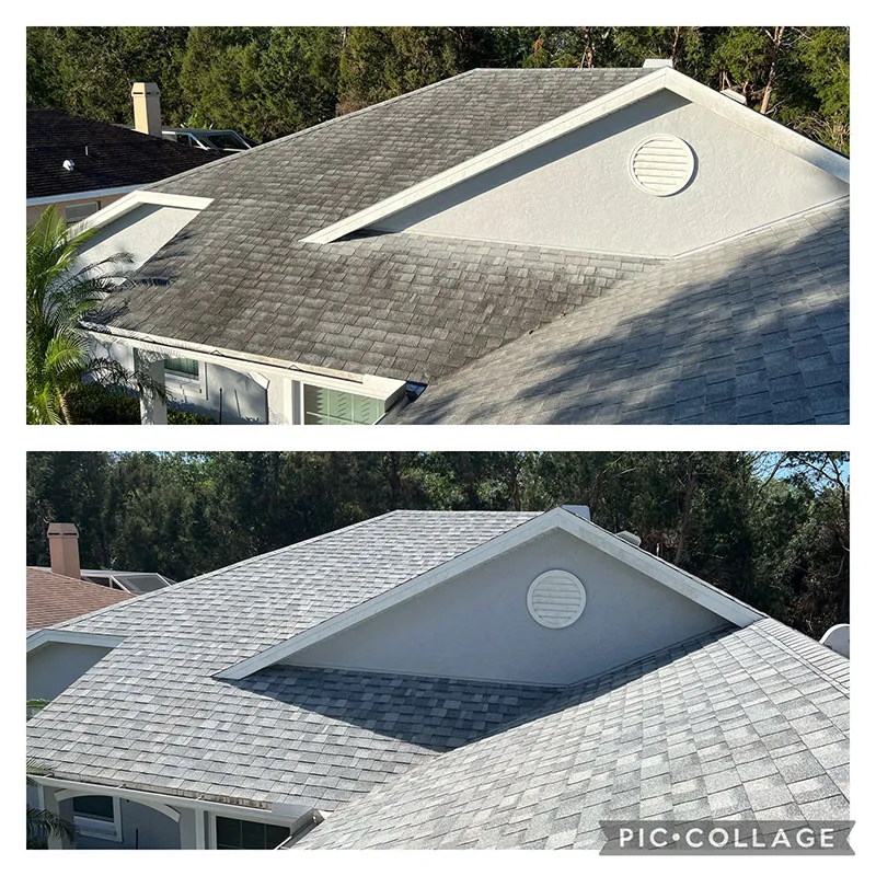two pictures of a house with a roof that has a hole in it