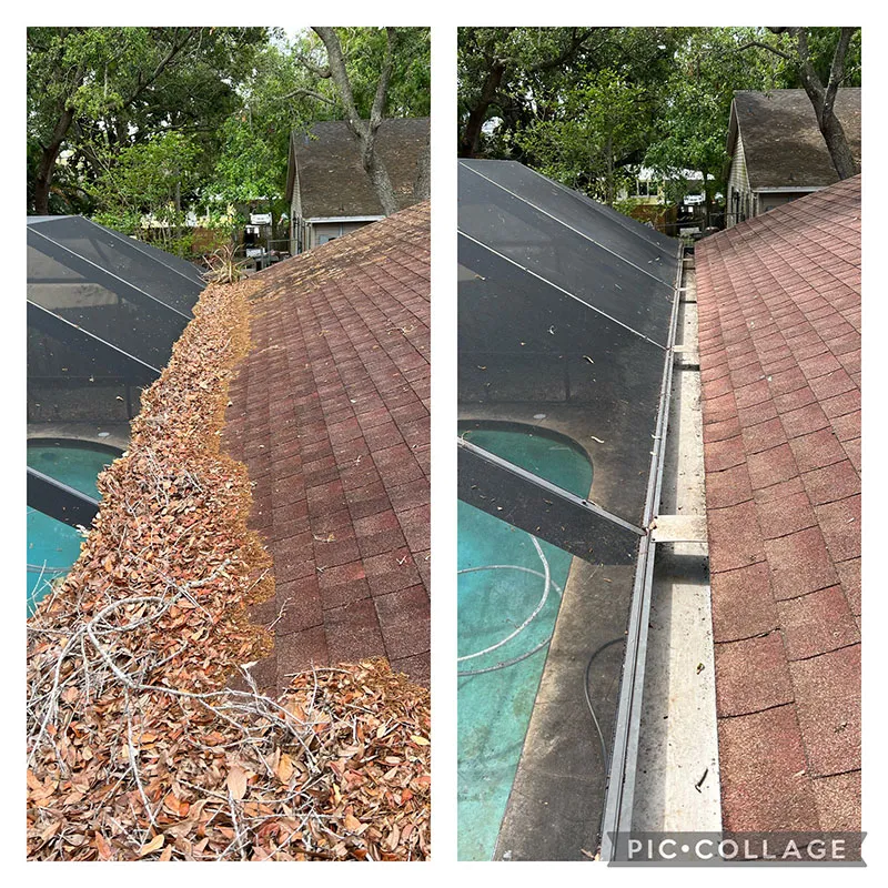 a split photo of a roof with a gutter gutter