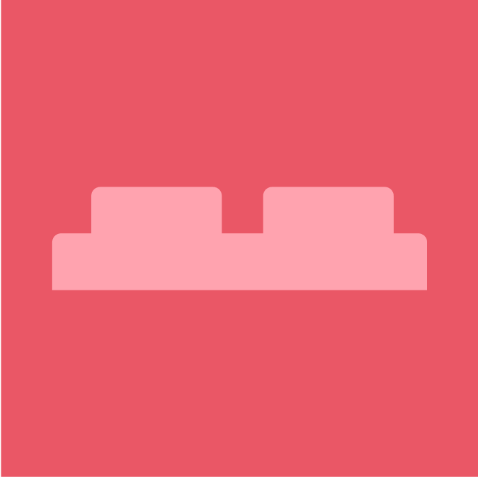 Simplified pink Lego block icon with two studs on a red square background.