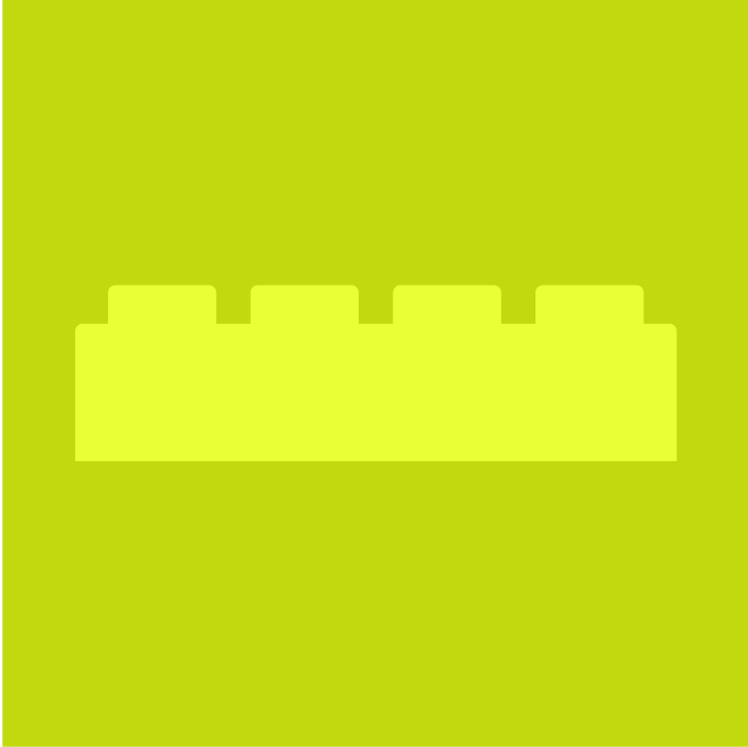 Yellow icon of a LEGO-style building block on a green square background.