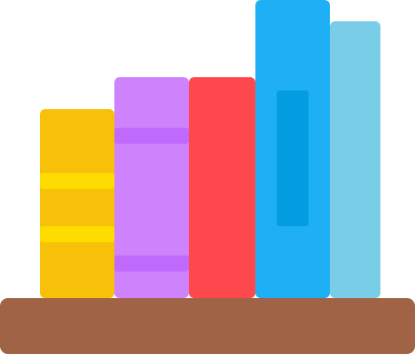 Five colorful books standing upright on a brown shelf against white background.