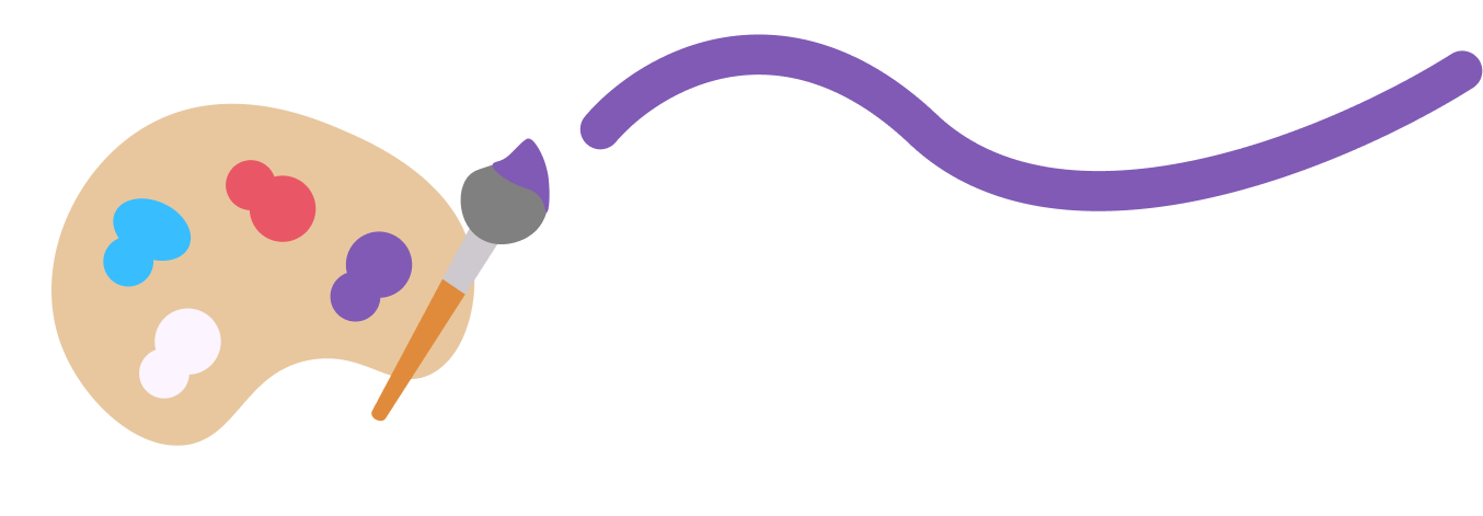Artist palette with blobs of paint and a brush painting a wavy purple line.