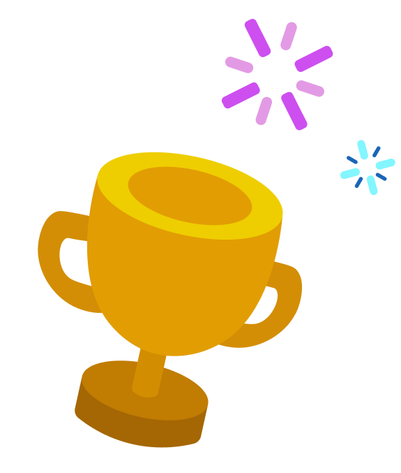 Illustration of a golden trophy cup with colorful sparkles around it.