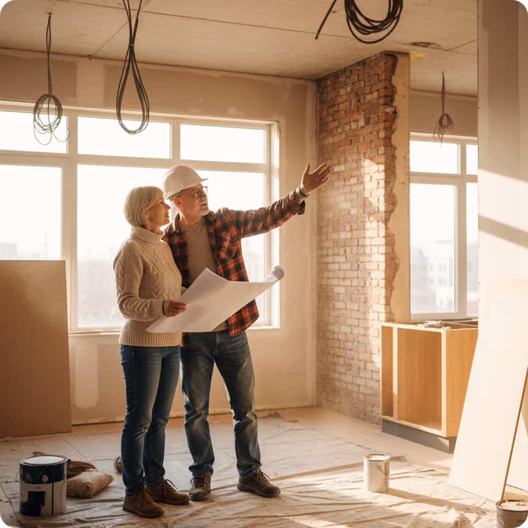 Ein Handwerker mit Schutzhelm und kariertem Hemd zeigt einem Kunden etwas an der Decke eines Altbau-Rohbaus. Der Kunde hält Baupläne in der Hand, während beide das Sanierungsprojekt besprechen. Im Hintergrund sind freiliegende Ziegelwände, Fenster und Kabel sichtbar.