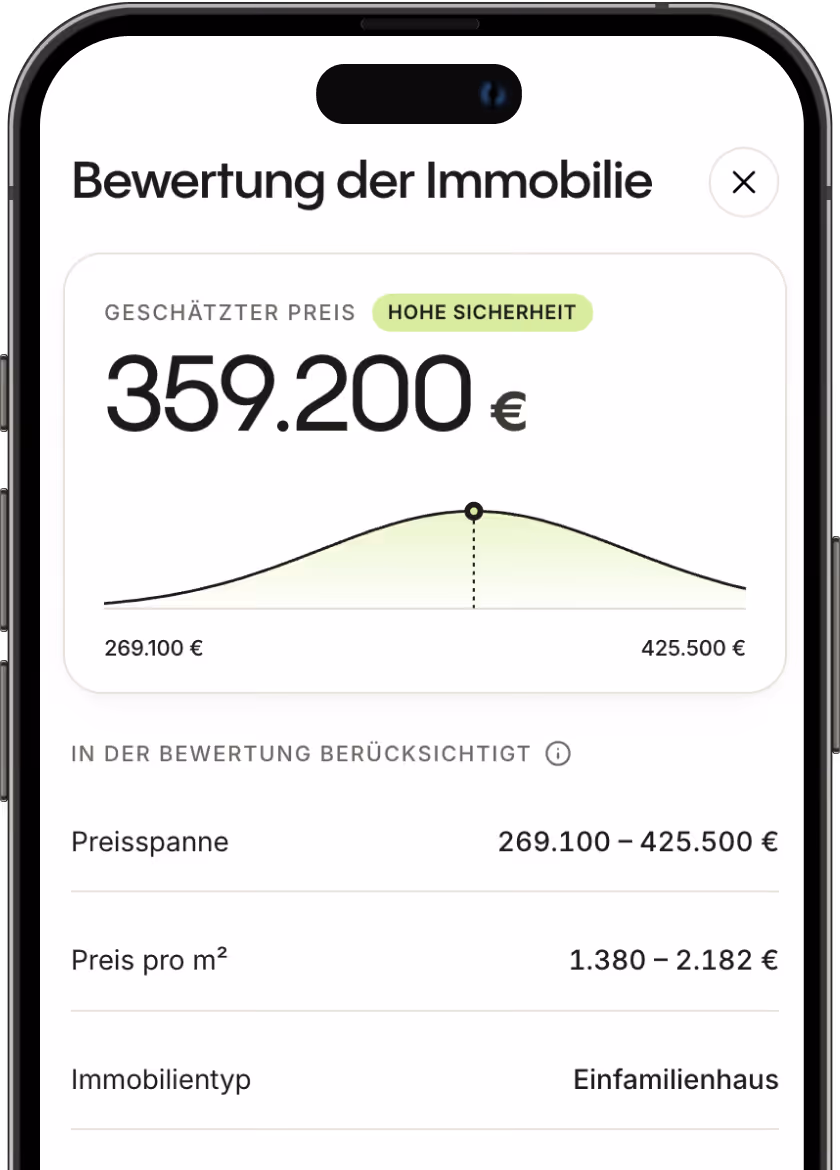 Mobilbildschirm mit Immobilienbewertung: geschätzter Preis 359.200 Euro und Preisspanne von 269.100 bis 425.500 Euro für ein Einfamilienhaus.