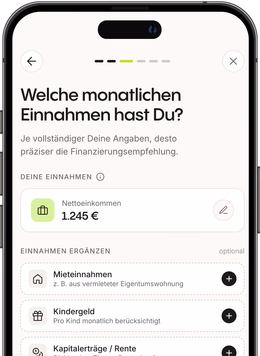 Mobilbildschirm mit Immobilienbewertung: geschätzter Preis 359.200 Euro und Preisspanne von 269.100 bis 425.500 Euro für ein Einfamilienhaus.