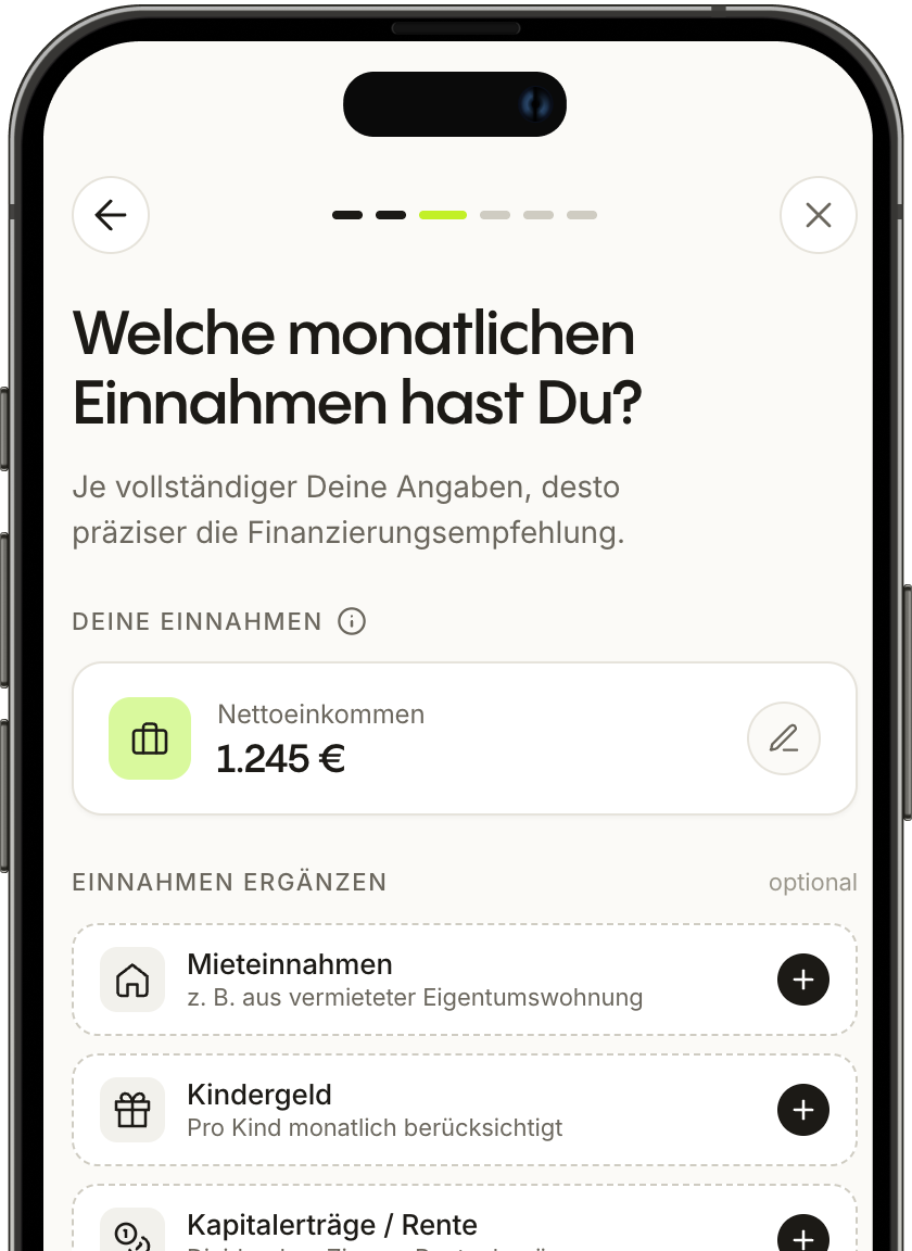 Mobilbildschirm mit Immobilienbewertung: geschätzter Preis 359.200 Euro und Preisspanne von 269.100 bis 425.500 Euro für ein Einfamilienhaus.