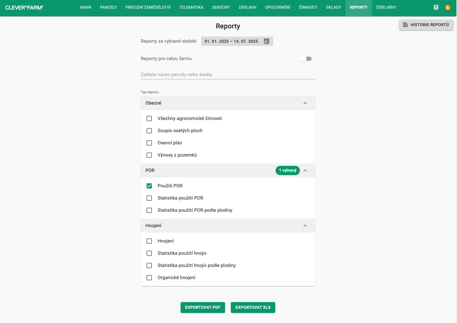 Agroevidence reporty - aplikace CleverFarm