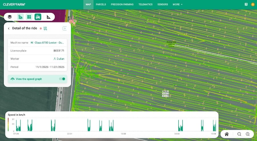 Detail jízdy v aplikaci