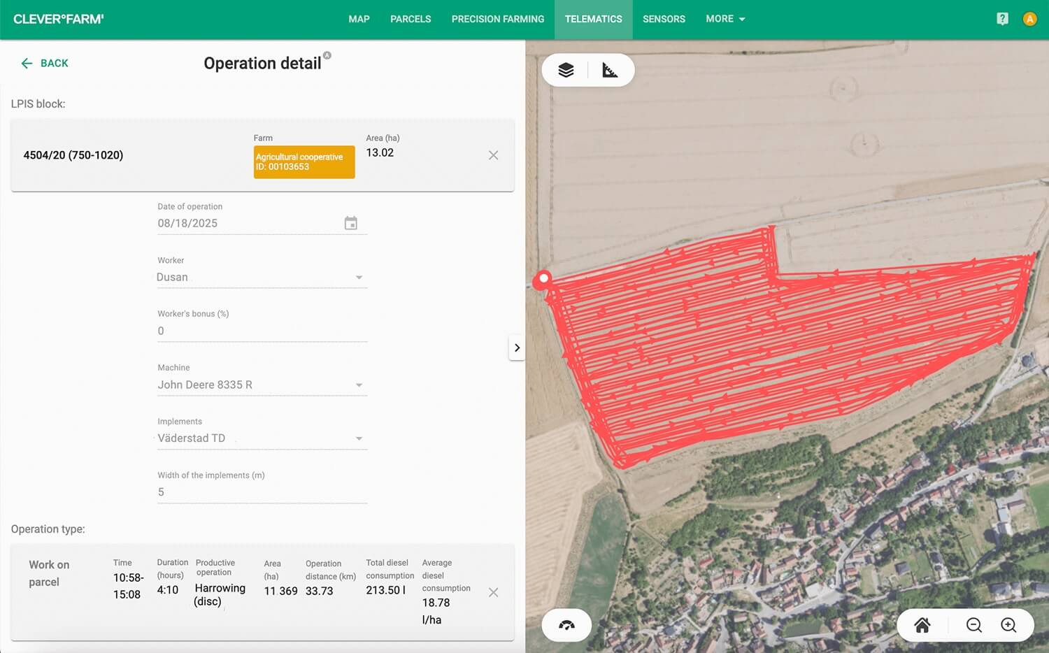 Detail operace Telematika CleverFarm