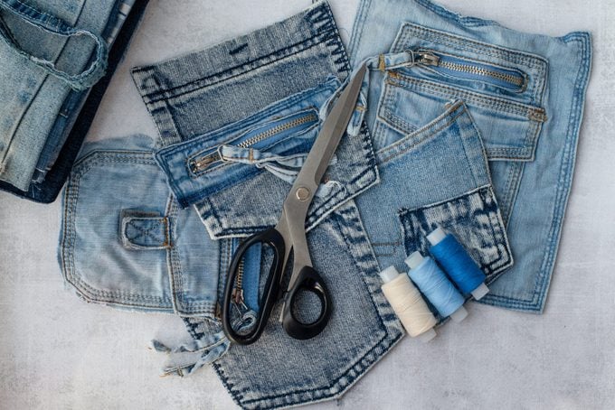 Jean scraps being used for sewing projects.