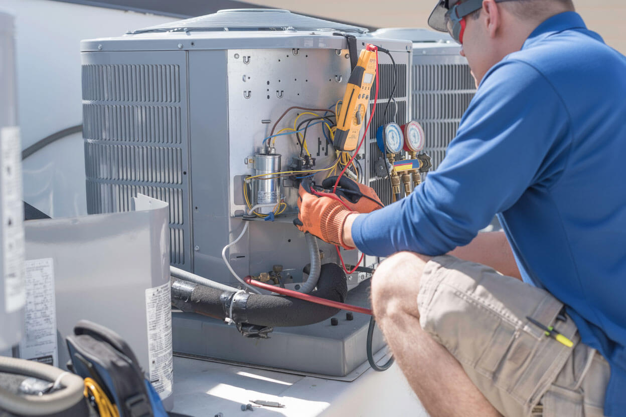 Technician repairing an outdoor air conditioning unit with tools and protective gloves on a sunny day.