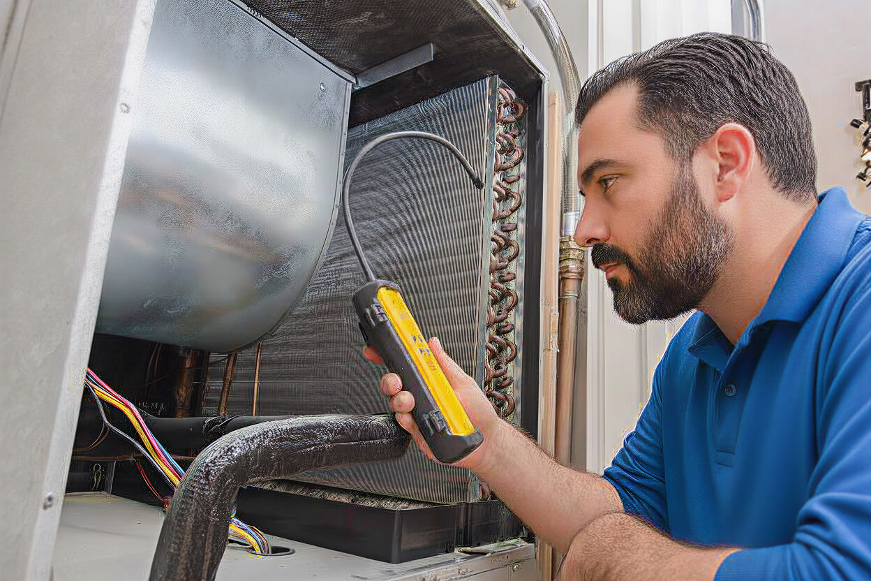 Technician inspecting air conditioner with a handheld diagnostic tool for maintenance and repair.