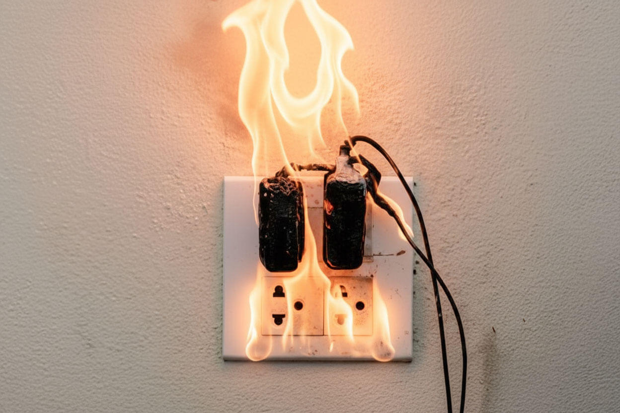 Electrical outlet fire caused by overloaded power adapters, highlighting the danger of electrical hazards.