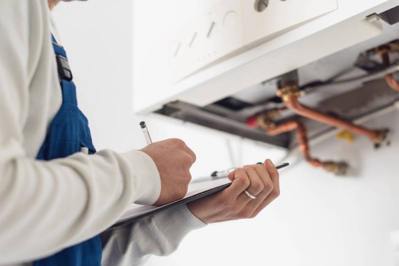Technician inspecting a heating unit.