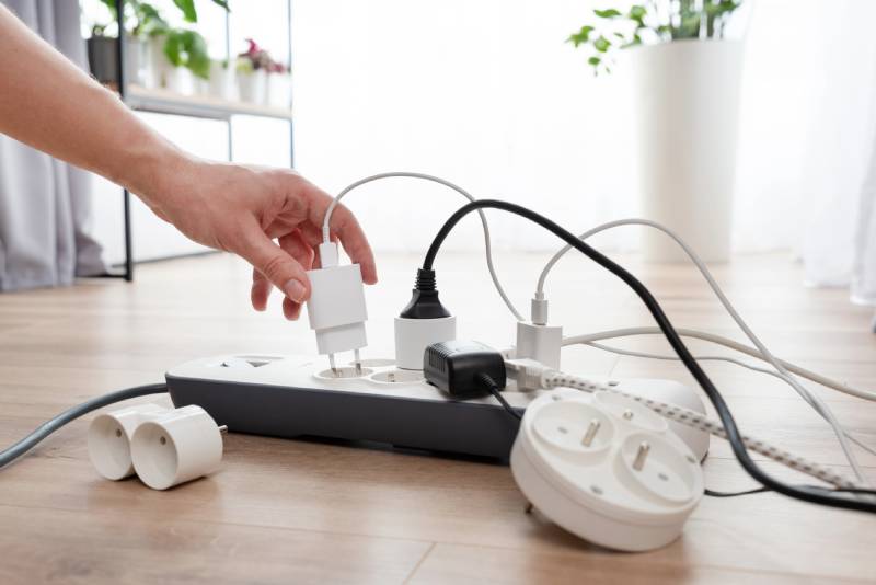 Hand plugging chargers into a power strip on the floor.
