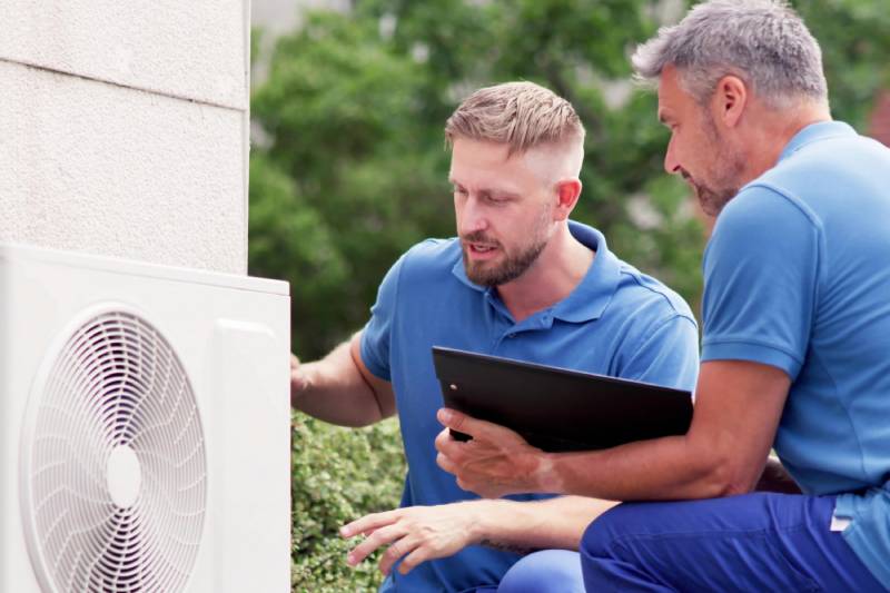 Two technicians inspecting an AC unit.