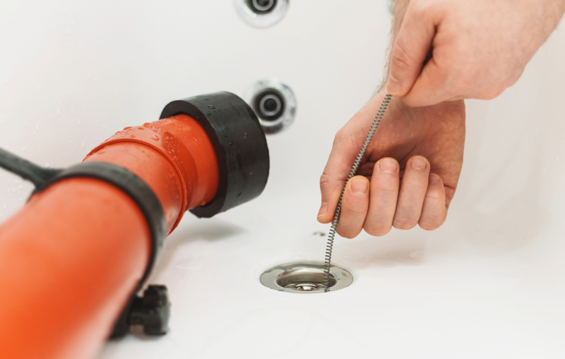 Person cleaning a drain pipe with a snake tool.