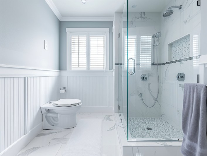 Modern bathroom with glass shower and toilet.