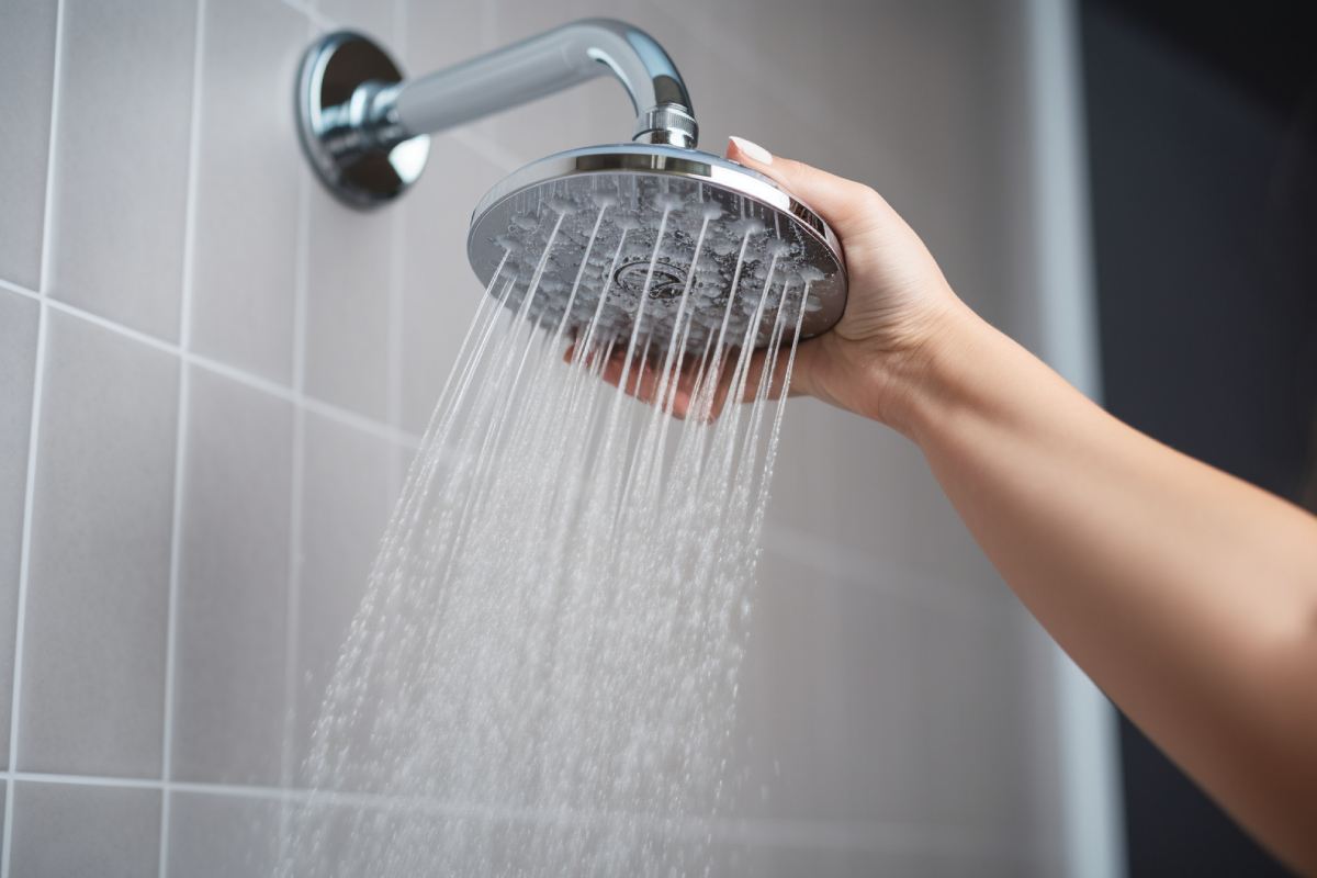Person adjusting showerhead in tiled bathroom