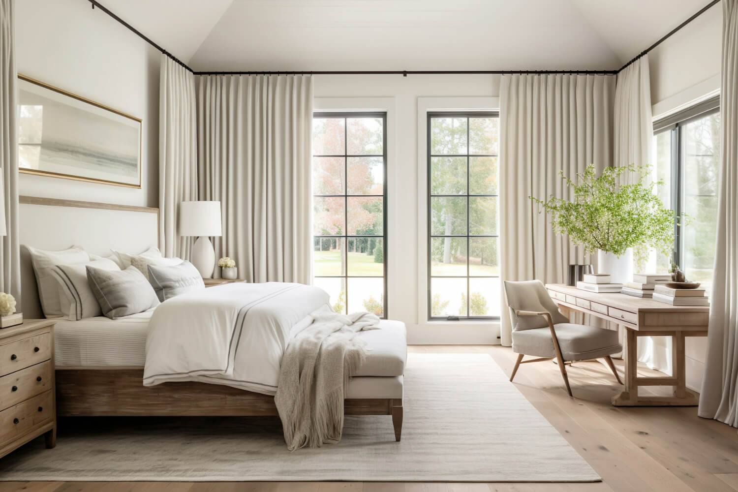 Cozy neutral bedroom, large windows, desk with plant