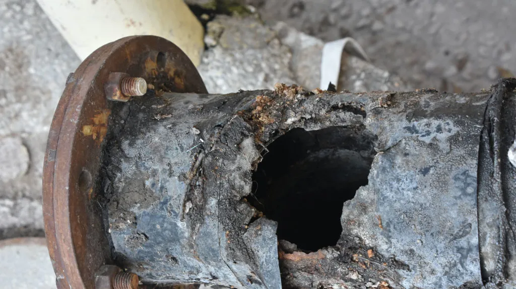 Corroded sewer pipe with hole.