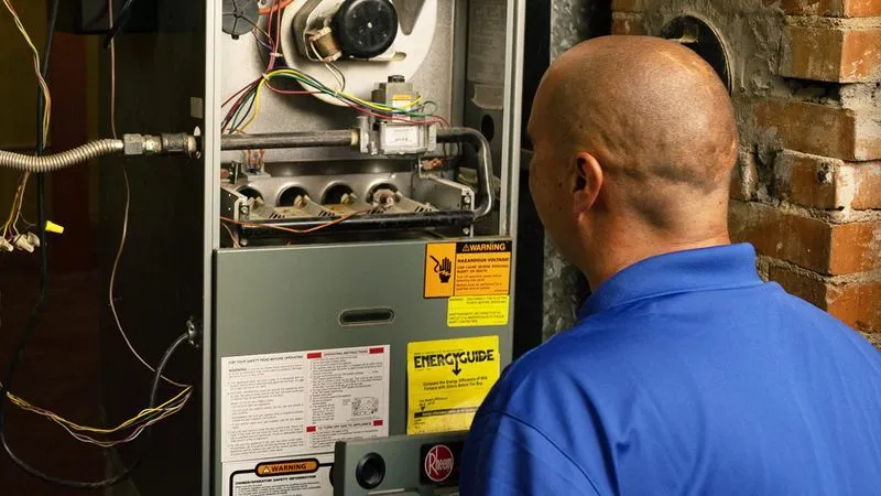 Technician inspecting furnace in Albuquerque.
