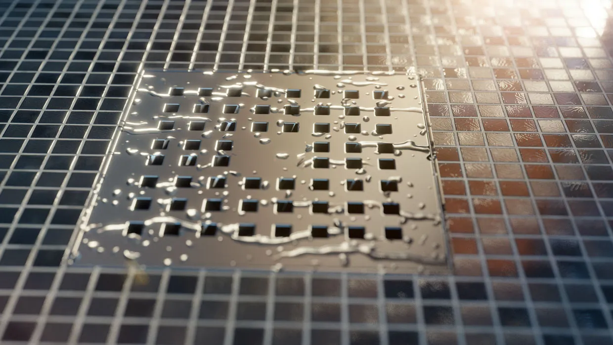 Shower drain with water droplets