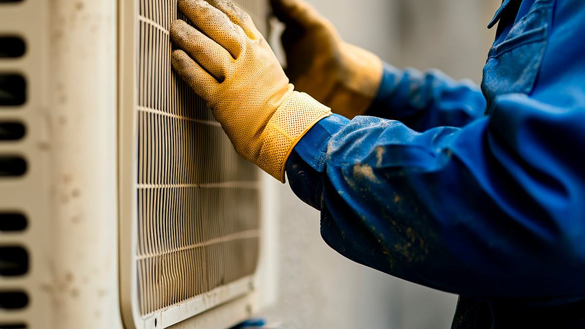 Technician in gloves repairing AC unit