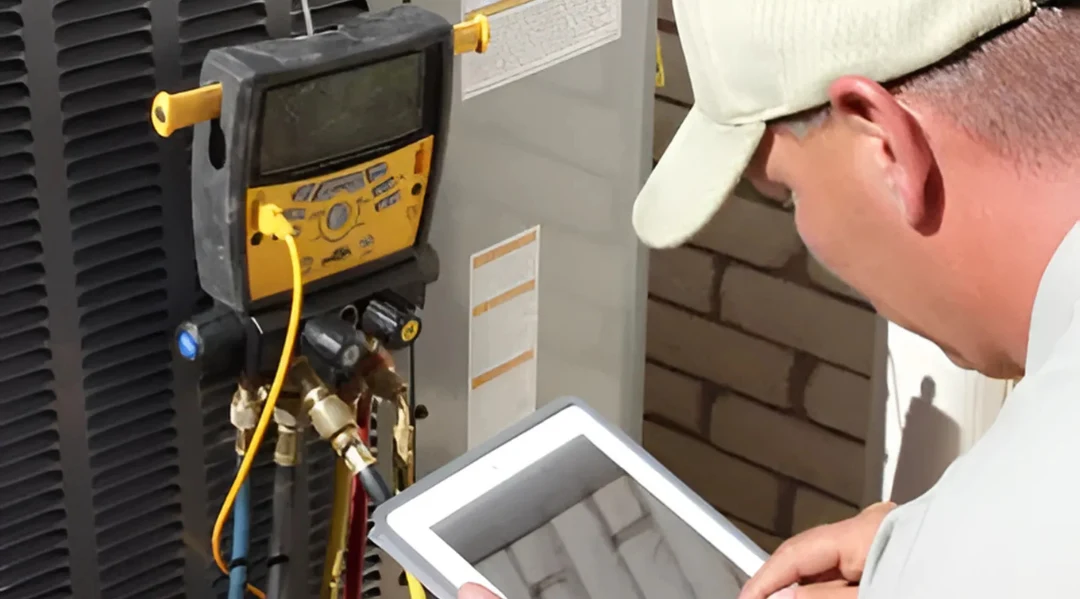 Technician checking AC unit with tablet.