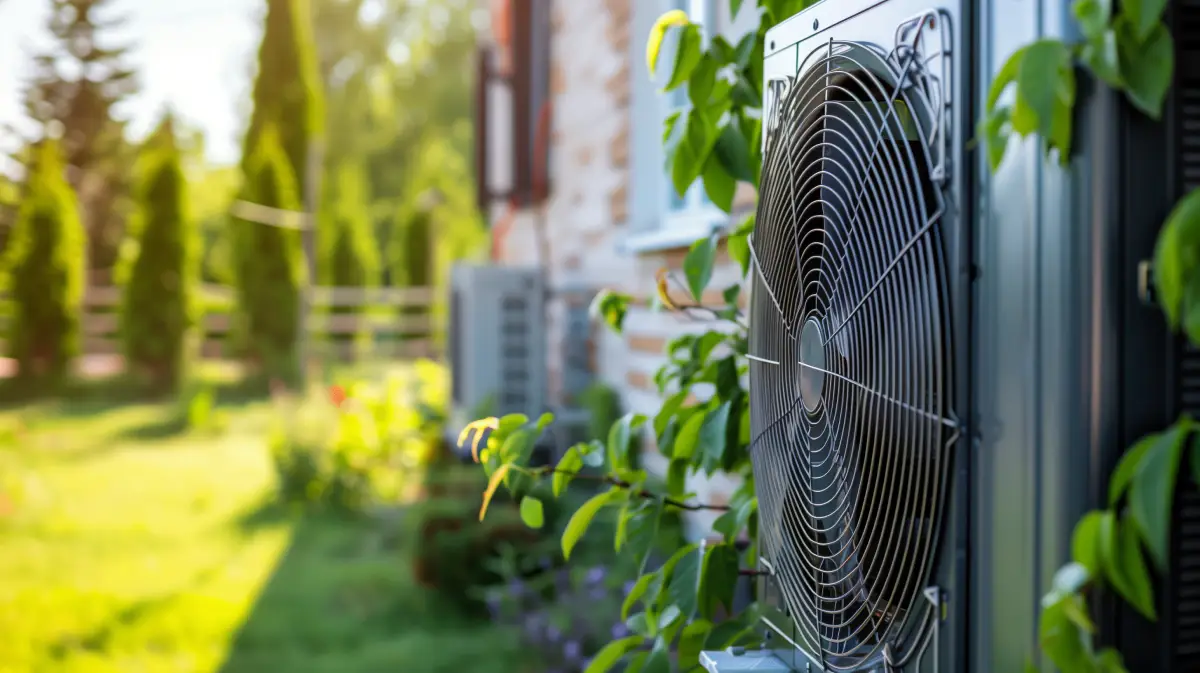 Outdoor AC unit beside house, greenery in background