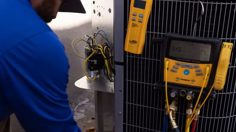 Technician repairing HVAC unit with yellow tools.