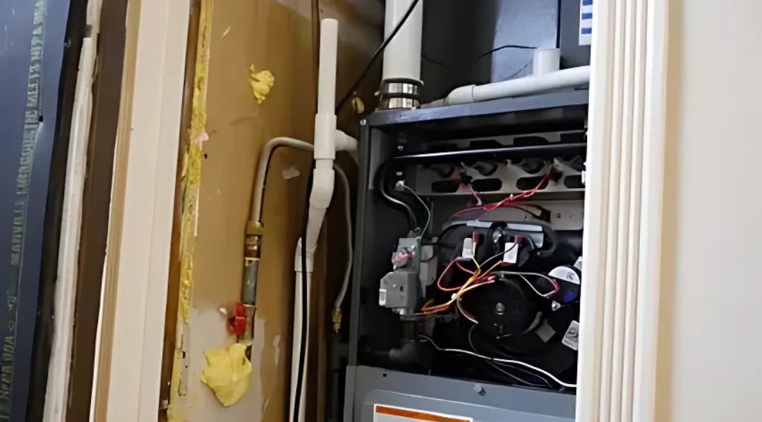 A furnace with exposed internal components in a utility closet.