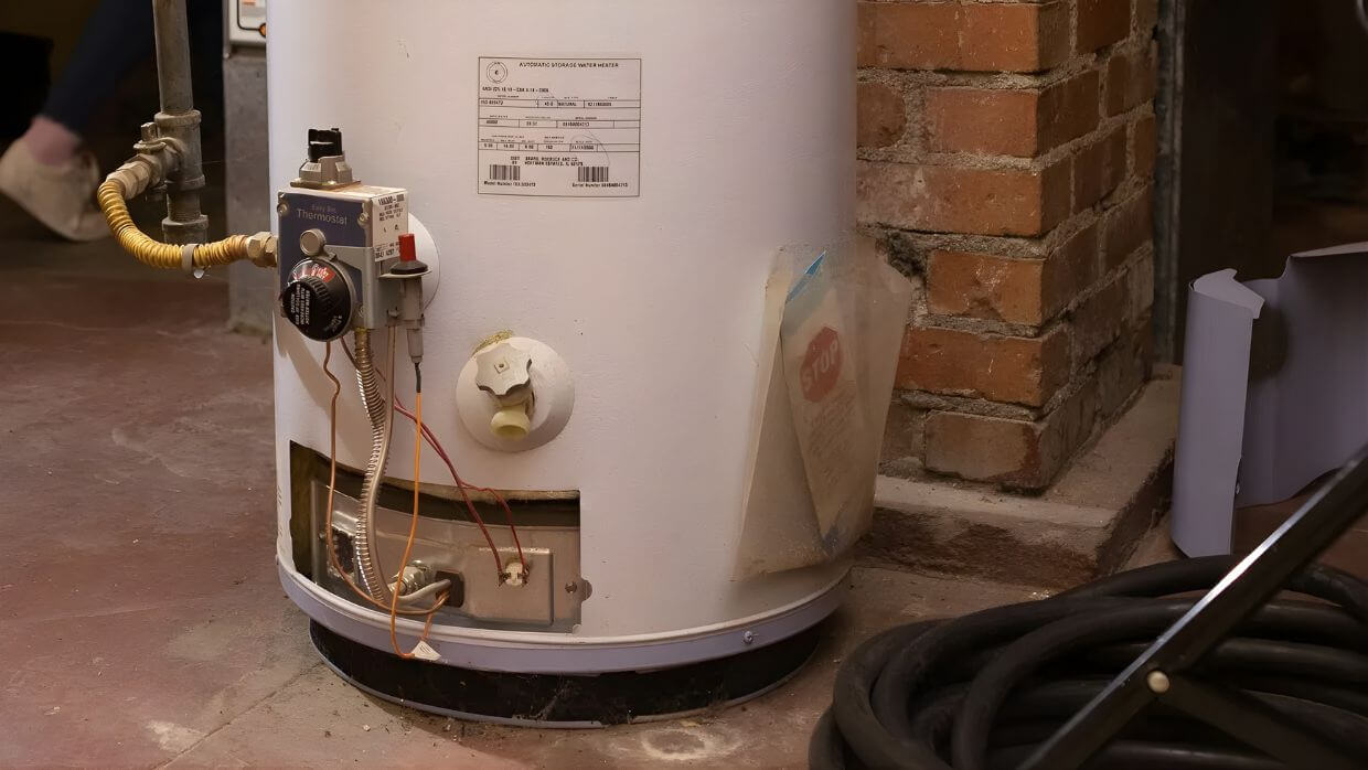 A close-up of a gas water heater showing exposed wires, thermostat control, gas line, and a brick wall behind it. A plastic sleeve with documents is attached to the side, and part of a coiled black hose and a person's foot are visible in the background.