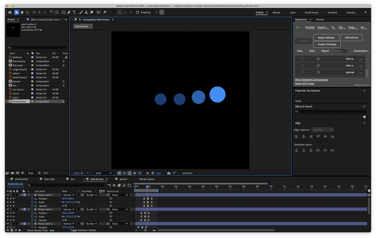 After Effects workspace showing a dots loading animation in progress.