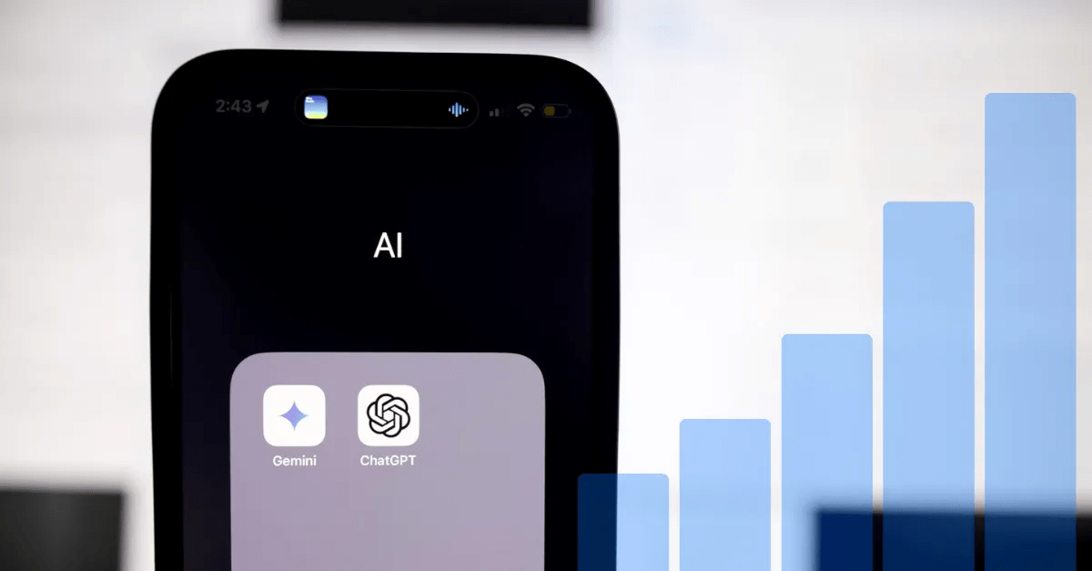 A smartphone screen showing AI apps Gemini and ChatGPT, with a rising bar chart in the background.