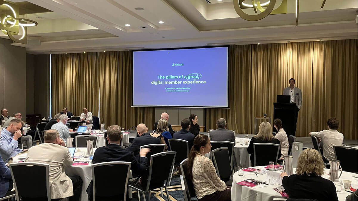 Airteam presenting at MHFA on healthcare software services, and the four core pillars to deliver great digital experiences.