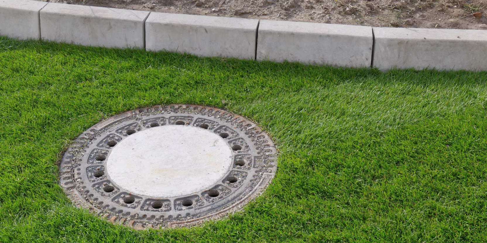 Schachtdeckel umringt von grünem Gras bietet Zugang für die Dichtheitsprüfung von Abwasserleitungen.