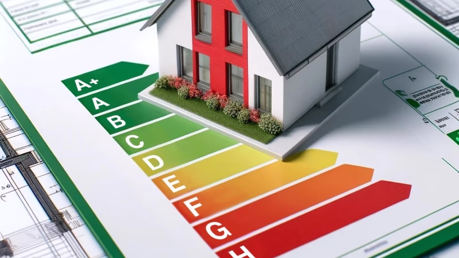 Bild eines Miniaturhauses auf einem Blatt mit Energieklassen